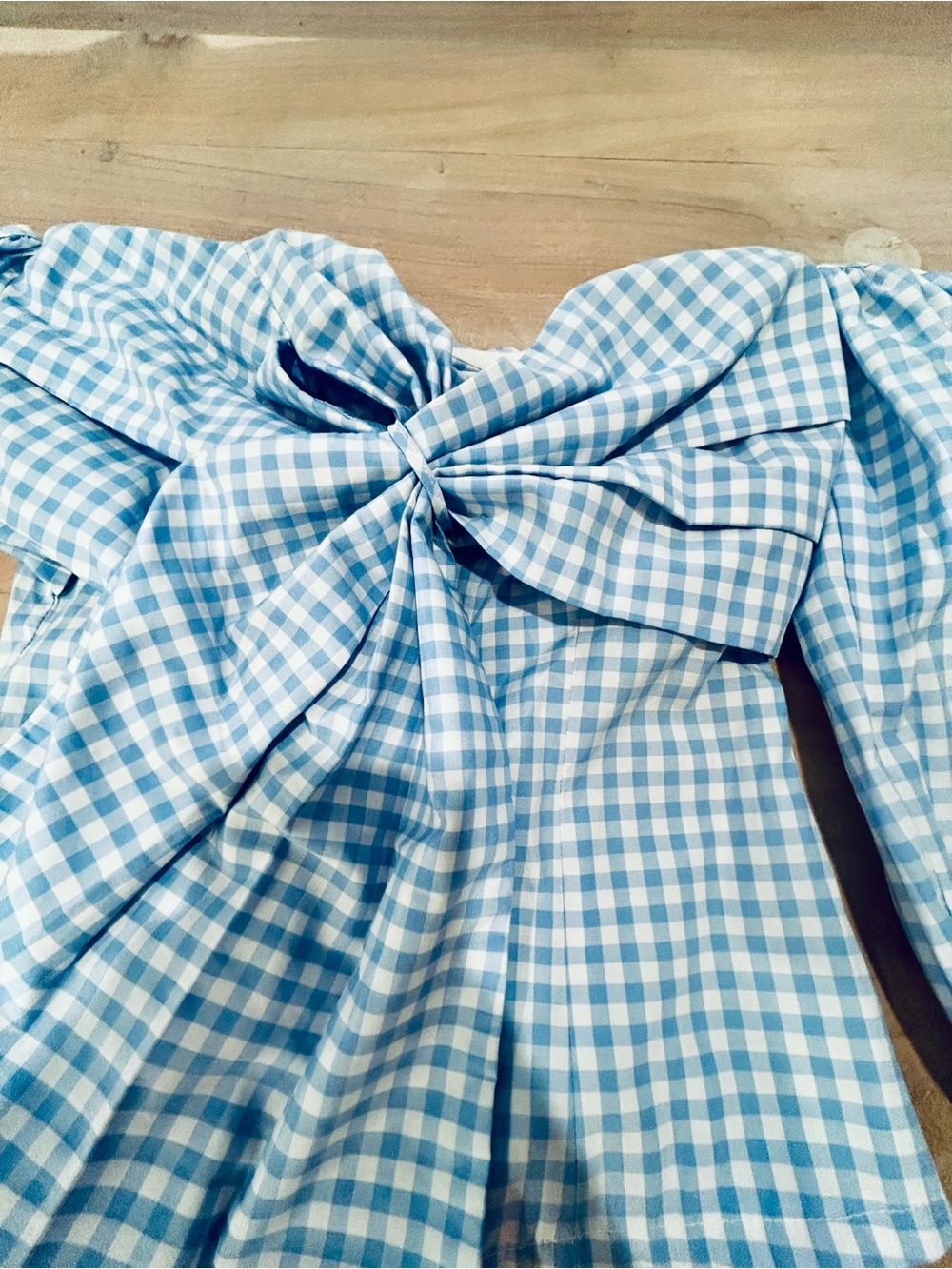 French Blue and White Gingham Off-Shoulder Dress with Bow balloon sleeves